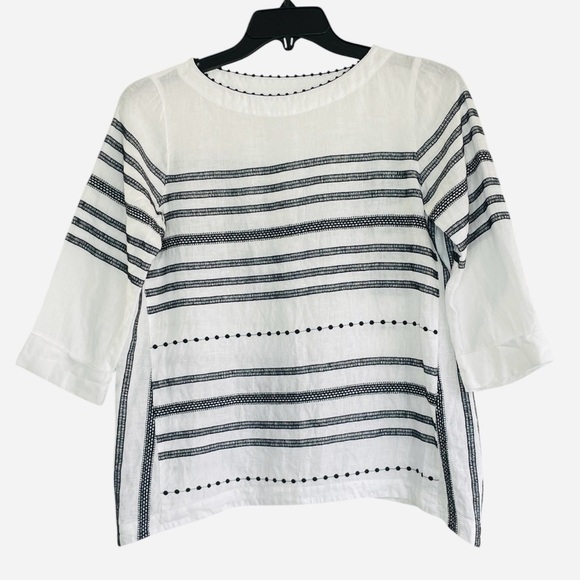 J Jill Love Linen Tunic Top XS Black Embroidered Stripes Boho Coastal Relaxed - Picture 2 of 12